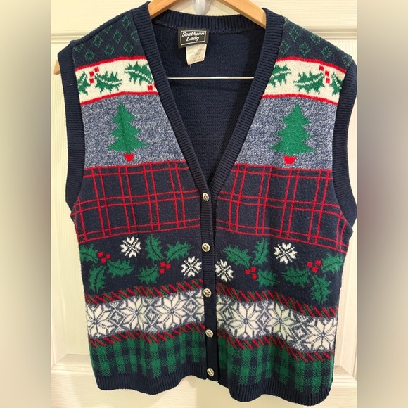 Southern Lady Festive Navy Red Green Holiday Christmas Tree Holly Nordic Vest - Picture 1 of 4